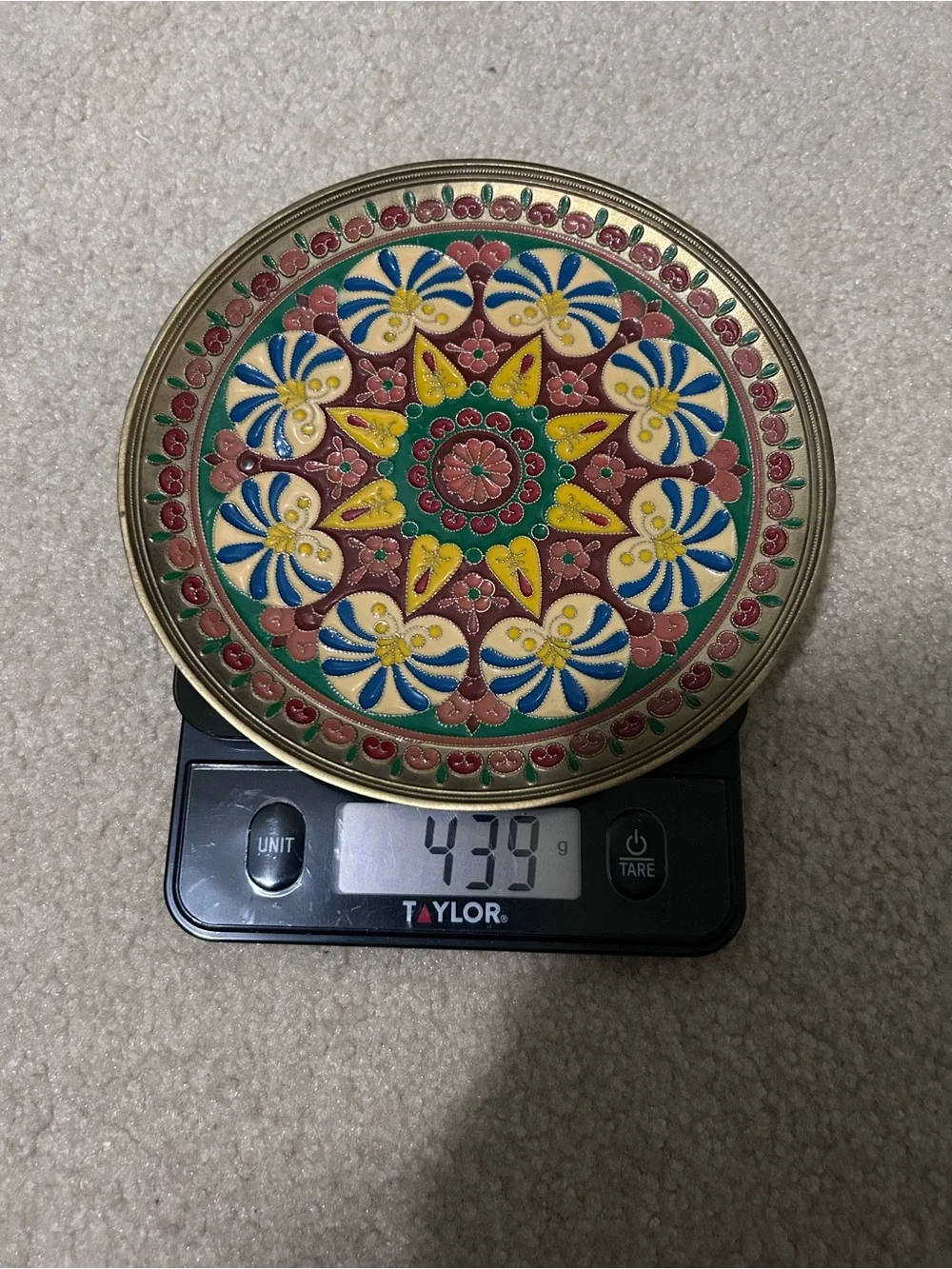 Vintage Indian Brass Champleve Enamel Wall Hanging Plate Floral Mandala Art